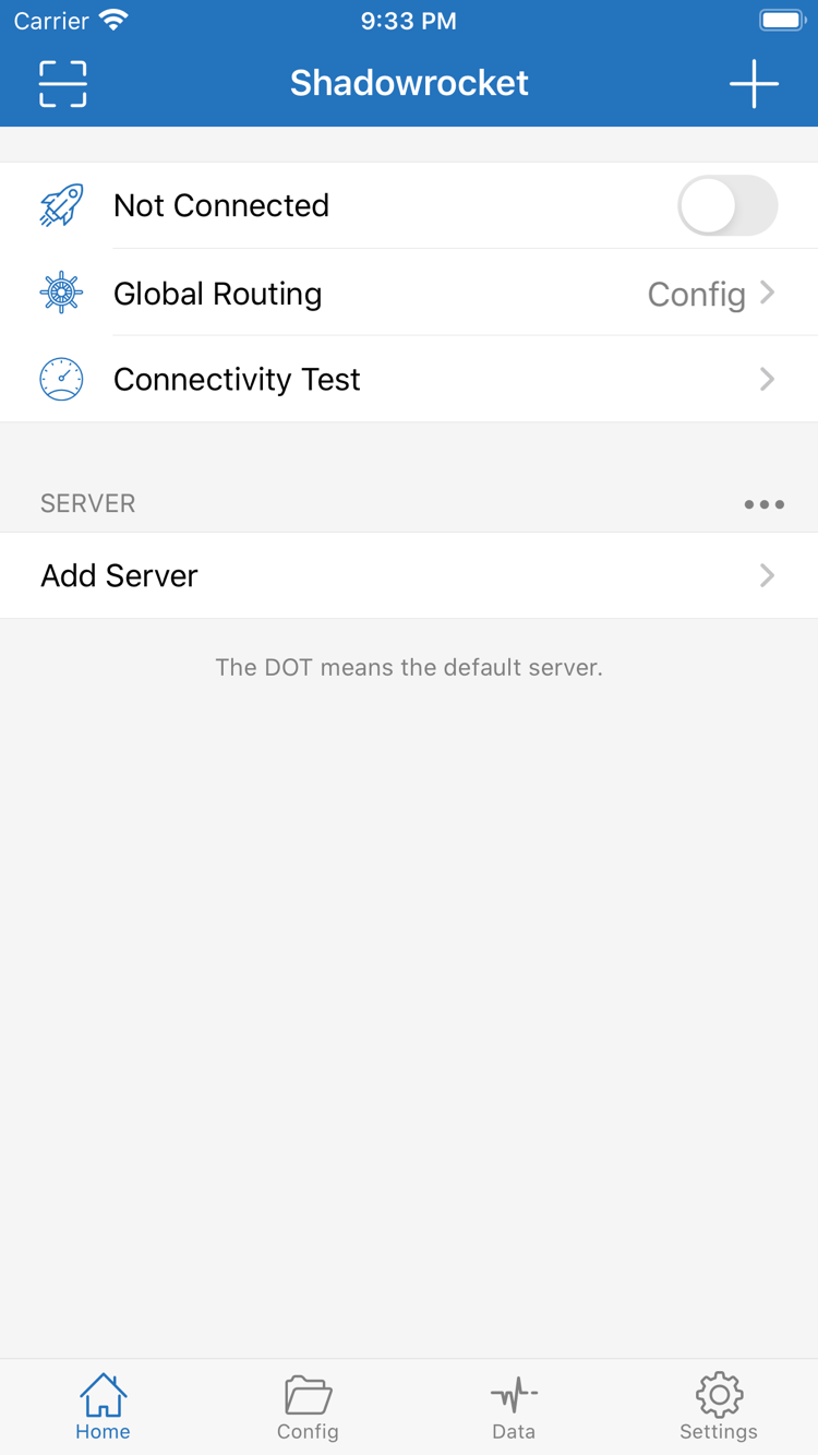 Shadowrocket公式Home画面。接続スイッチ、Global Routing、Add Serverを表示