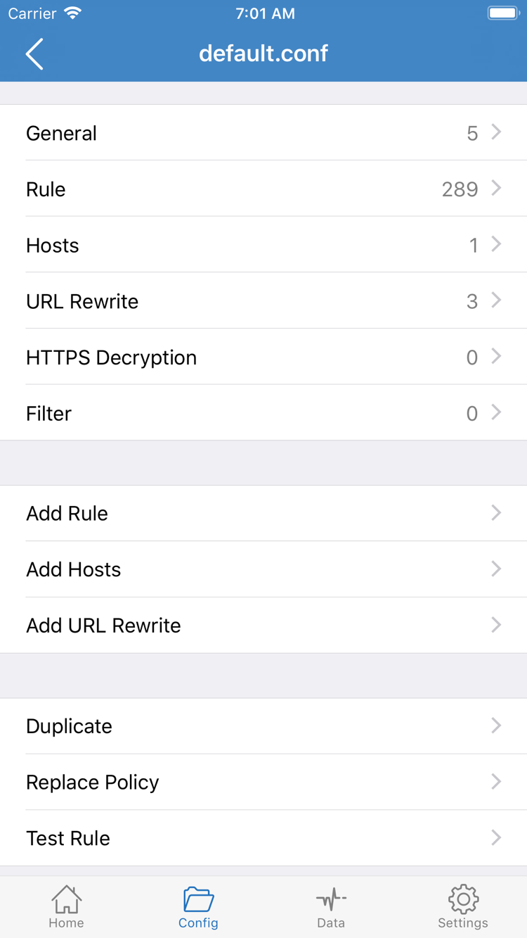 Shadowrocket Config 구성 파일 편집 화면: General, Rule, Hosts, URL Rewrite, HTTPS Decryption 및 Add Rule 표시