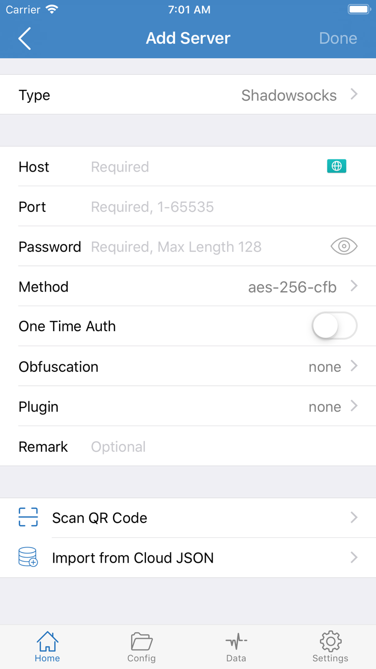 Shadowrocket 공식 Add Server 스크린샷: Type, Host, Port, Password, Method, Scan QR Code 및 Import from Cloud JSON 표시